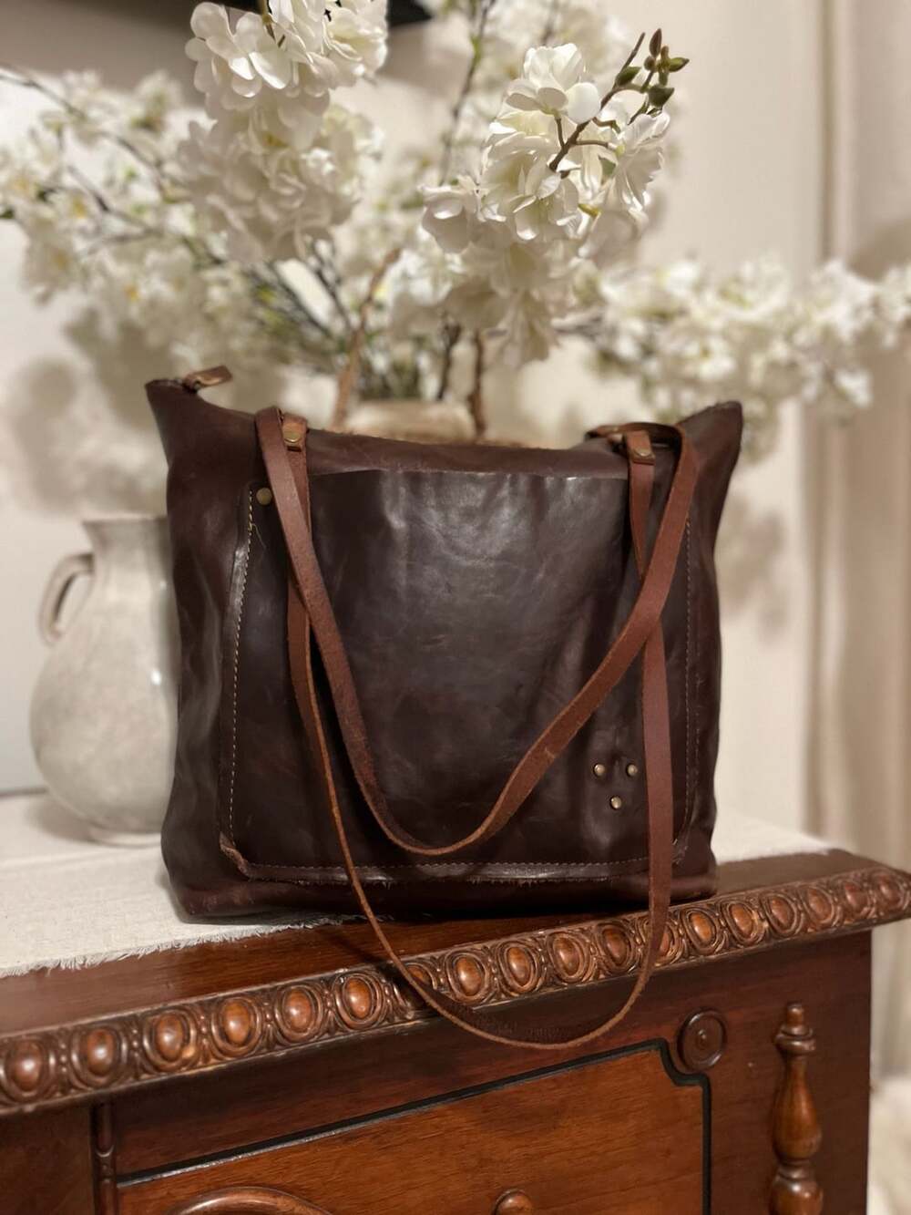 In Blue Brown Rustic Leather Tote Bag